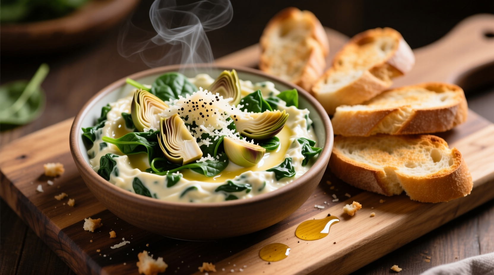 Creamy spinach and artichoke dip served with toasted baguette slices