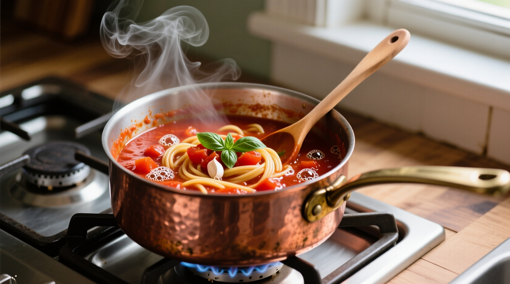 Fresh tomato pasta sauce simmering in copper pot