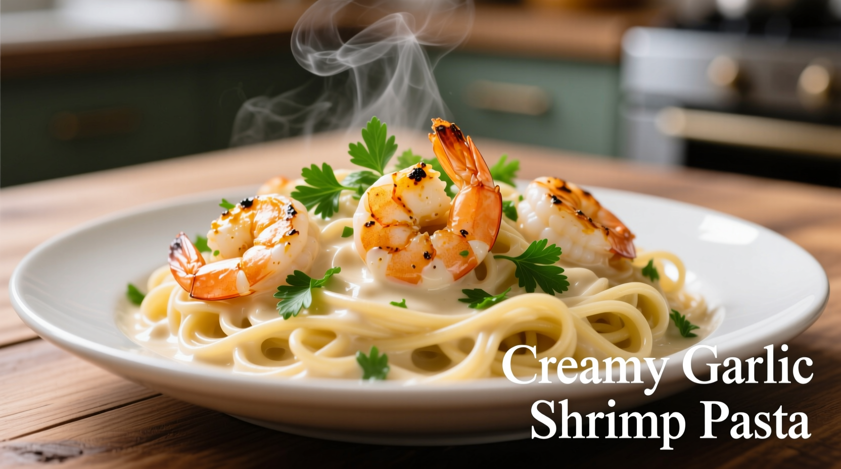 Creamy garlic shrimp pasta with fresh parsley garnish
