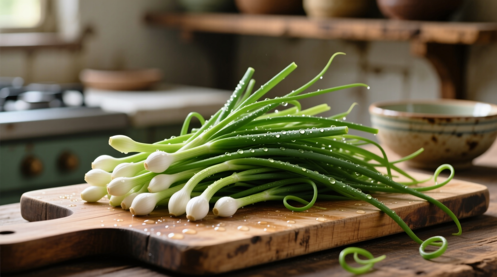 Fresh garlic chives on wooden cutting board