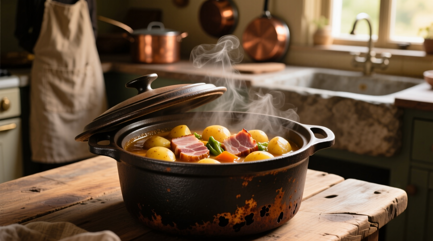 Potato ham crock pot with steam rising