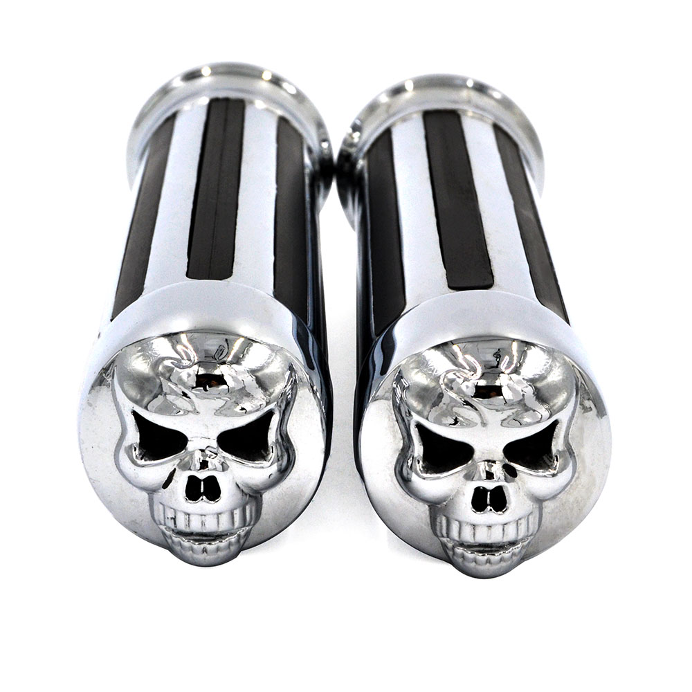 Aluminum Chrome Skull End Rubber Motorcycle Grips for Harley