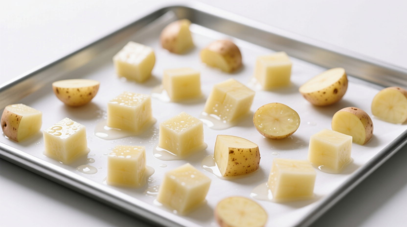 Properly cooled diced potatoes spread on baking sheet for rapid cooling
