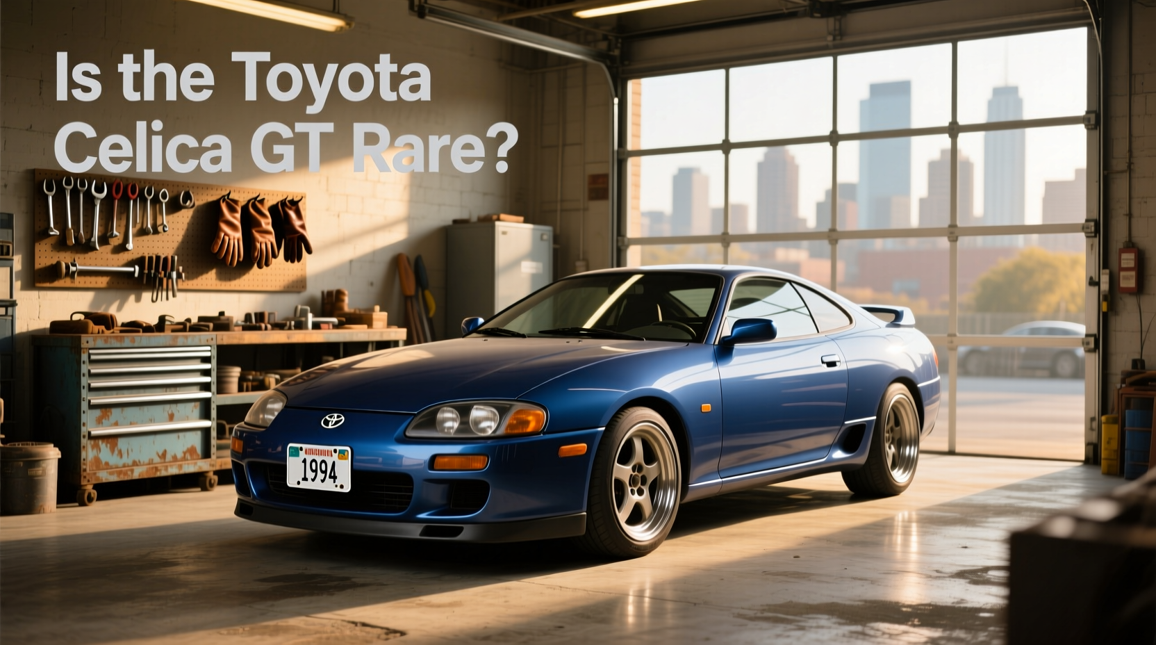 Side profile of 1980 Toyota Celica GT hatchback showing rear spoiler and alloy wheels