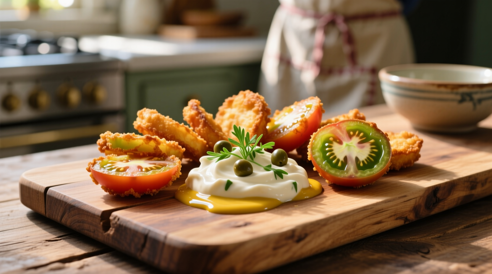 Fried green tomatoes with remoulade sauce on wooden board