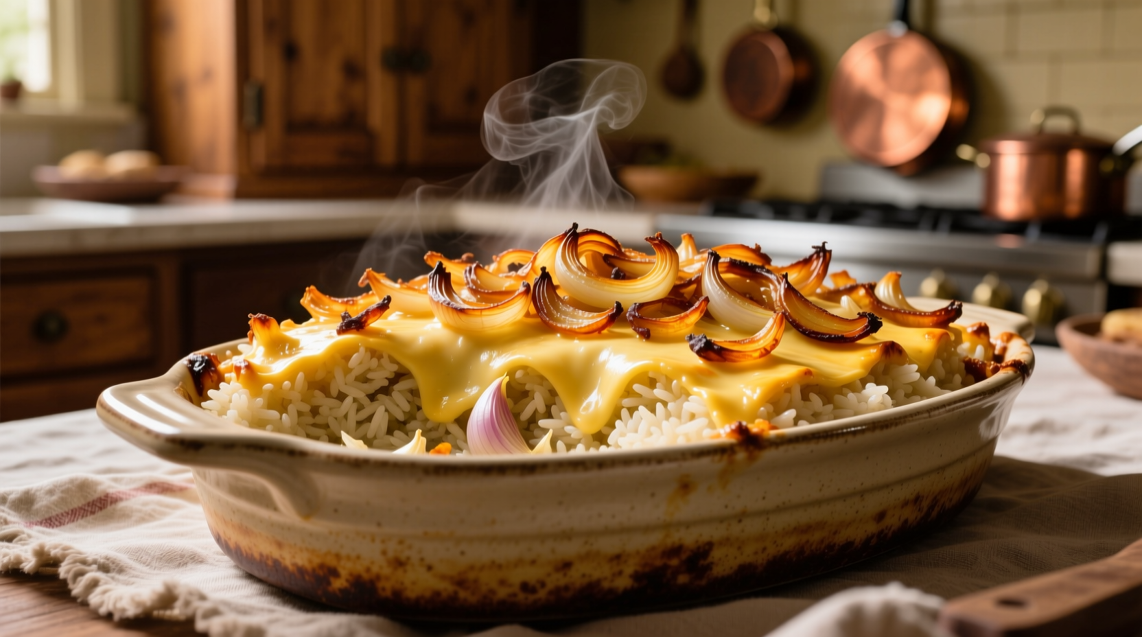 Golden rice casserole with French onion topping