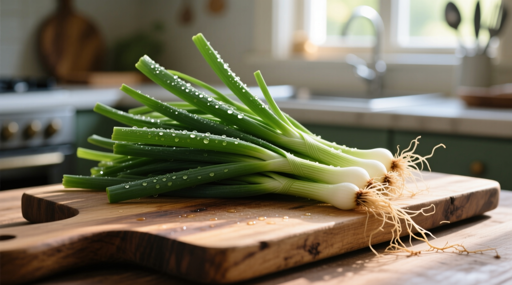 Freshly harvested green onion leaves on wooden cutting board