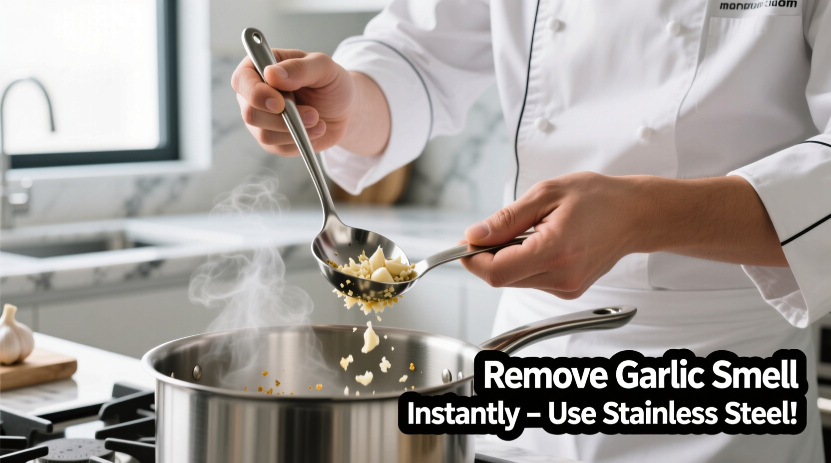 Chef demonstrating stainless steel garlic odor removal technique