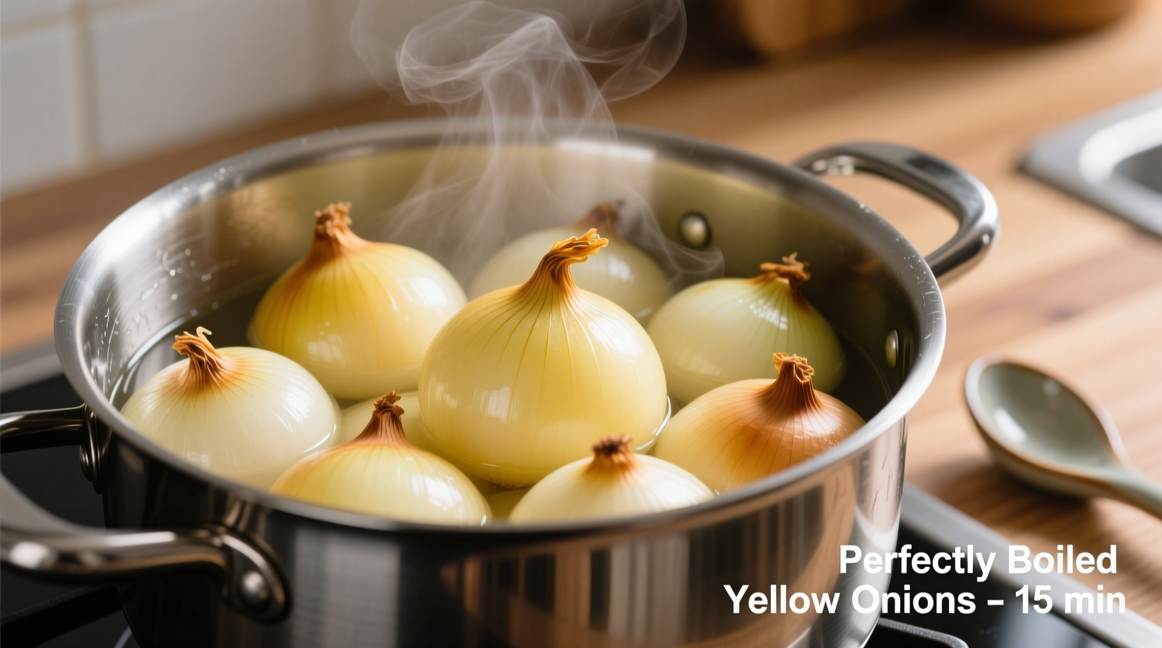 Perfectly boiled yellow onions in a stainless steel pot