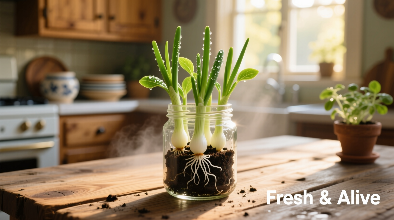 Fresh onion sprouts in glass jar on wooden table