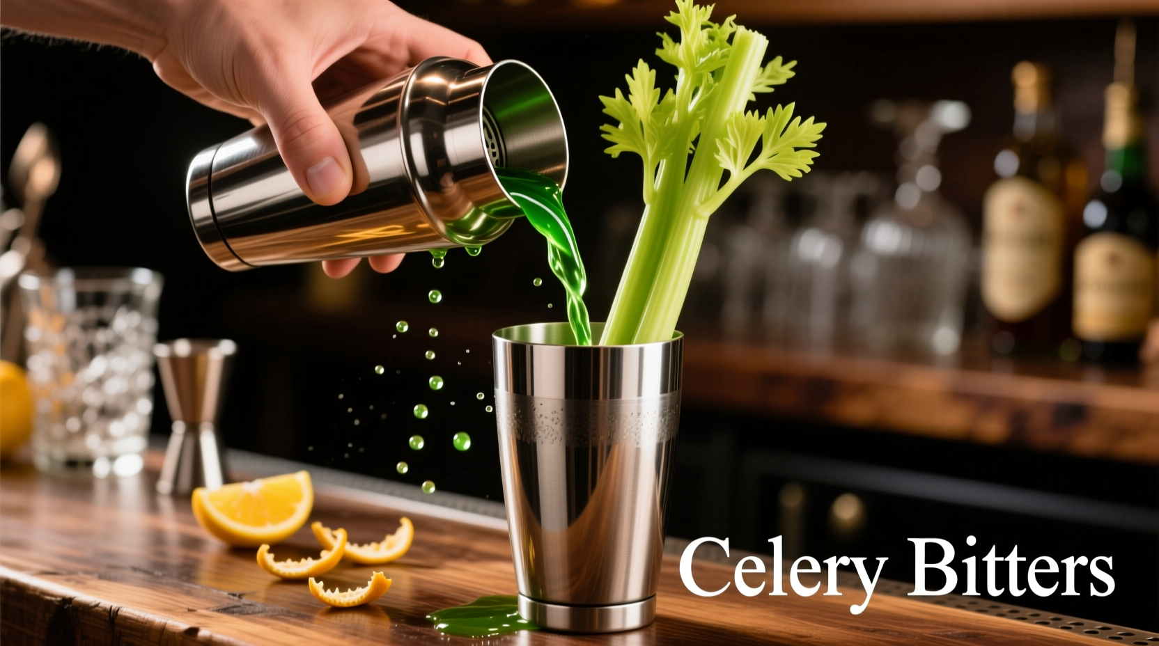 Hand pouring celery bitters into cocktail shaker