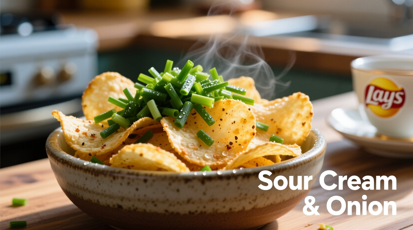 Close-up of Lay's Sour Cream & Onion chips in a bowl with fresh chives