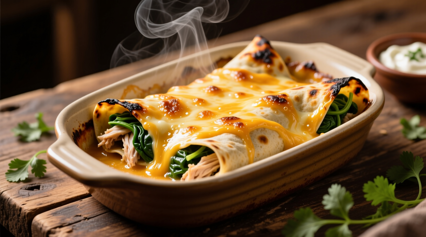 Golden baked chicken spinach enchiladas with melted cheese