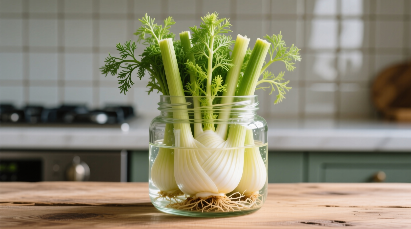 Fresh fennel bulbs properly stored in glass container with water