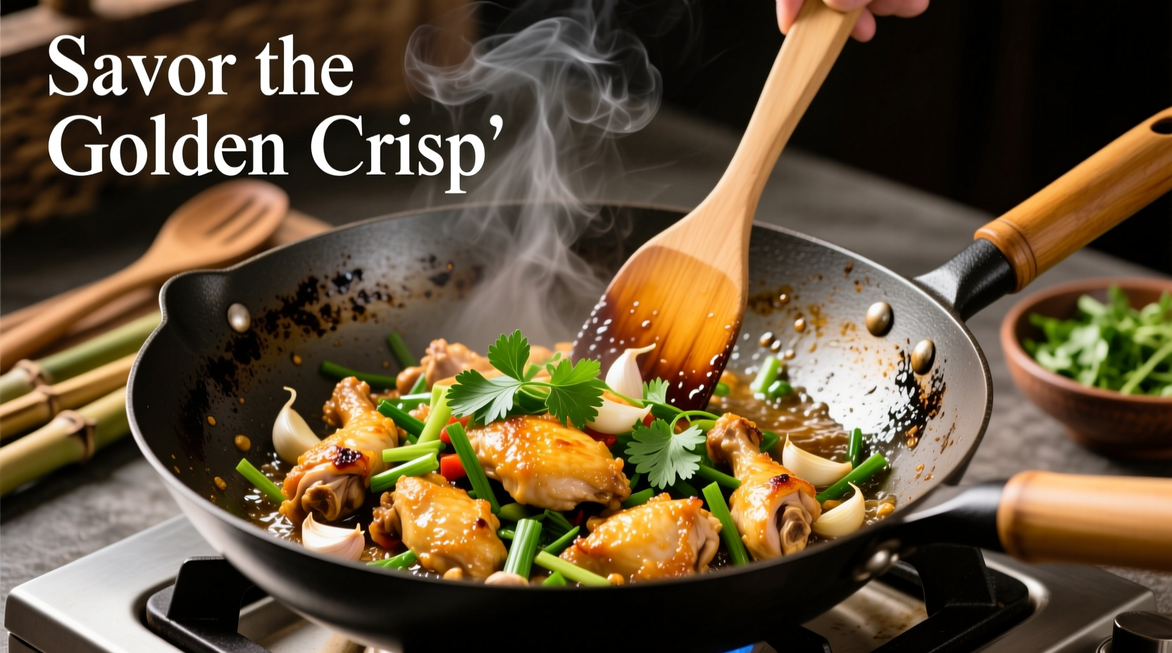 Golden garlic chicken in wok with fresh herbs