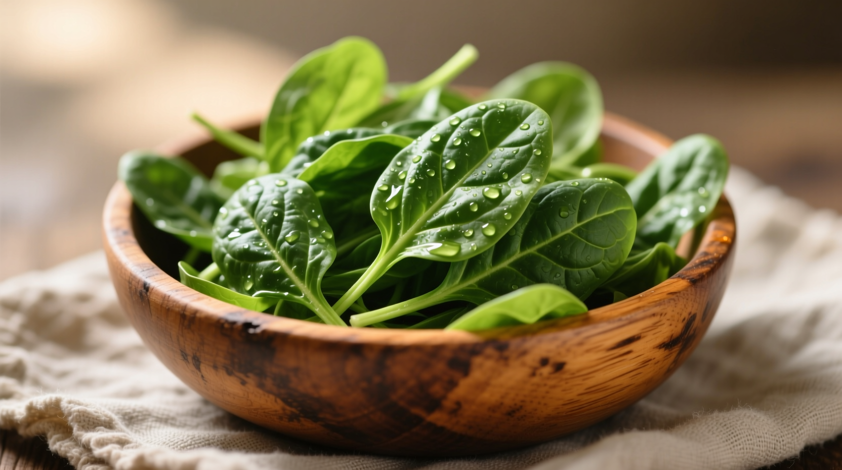 Fresh baby spinach leaves in a wooden bowl