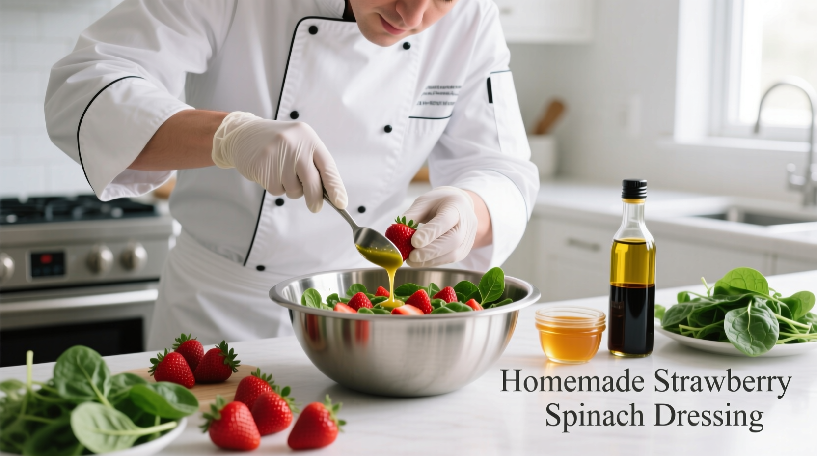 Chef preparing homemade strawberry spinach salad dressing
