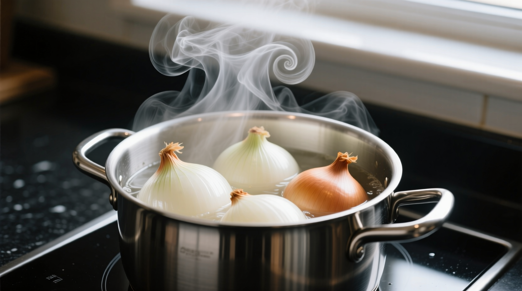 Fresh boiled onions in a stainless steel pot with steam rising