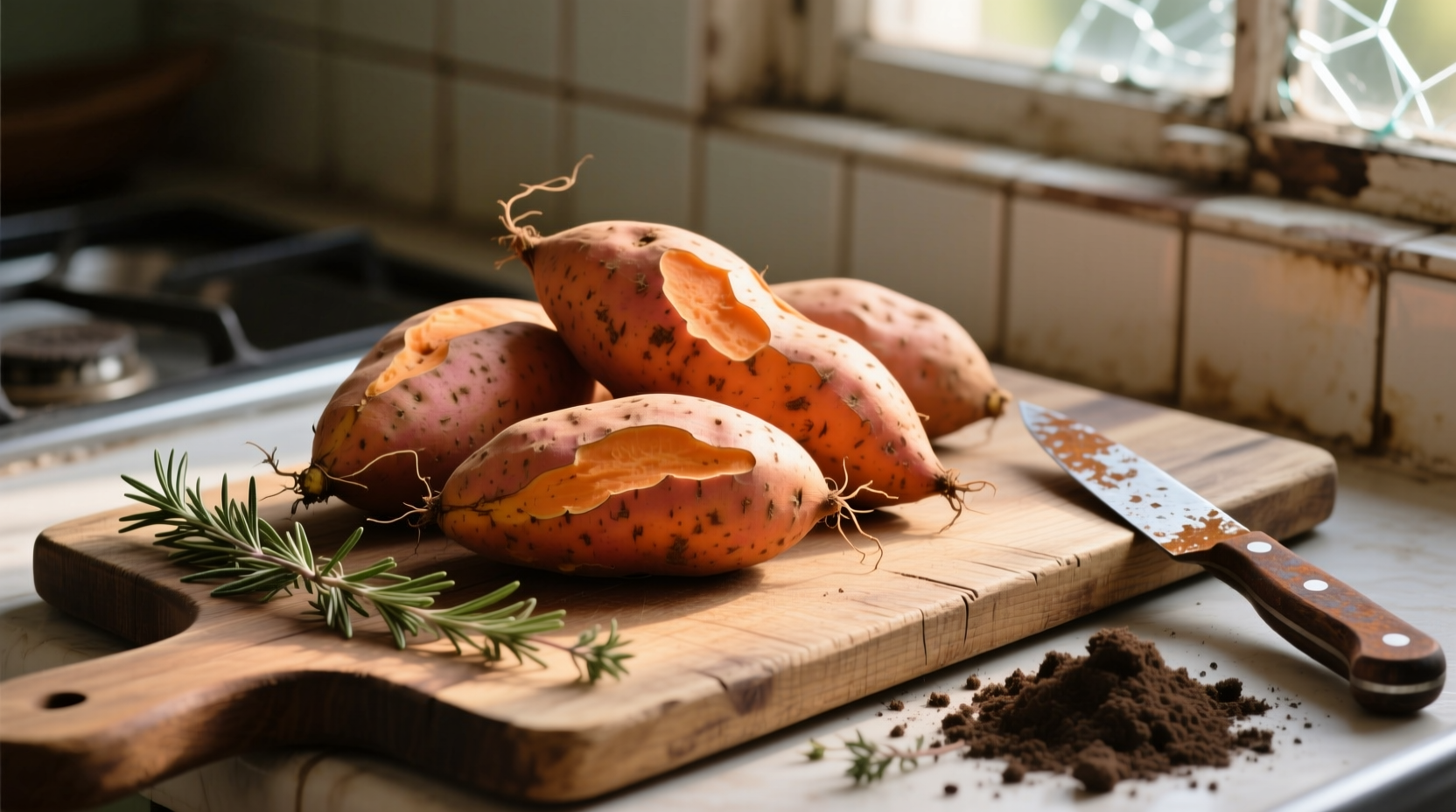 Stokes sweet potatoes on wooden cutting board