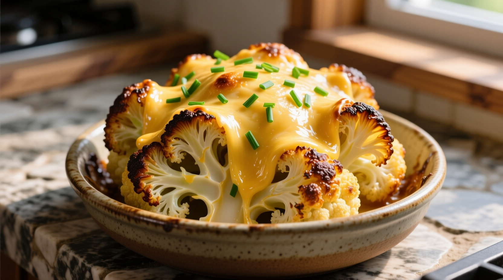 Golden roasted loaded cauliflower with melted cheese and fresh chives