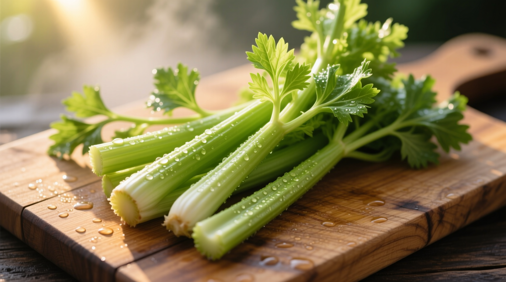 Fresh celery stalks with green leaves on wooden cutting board
