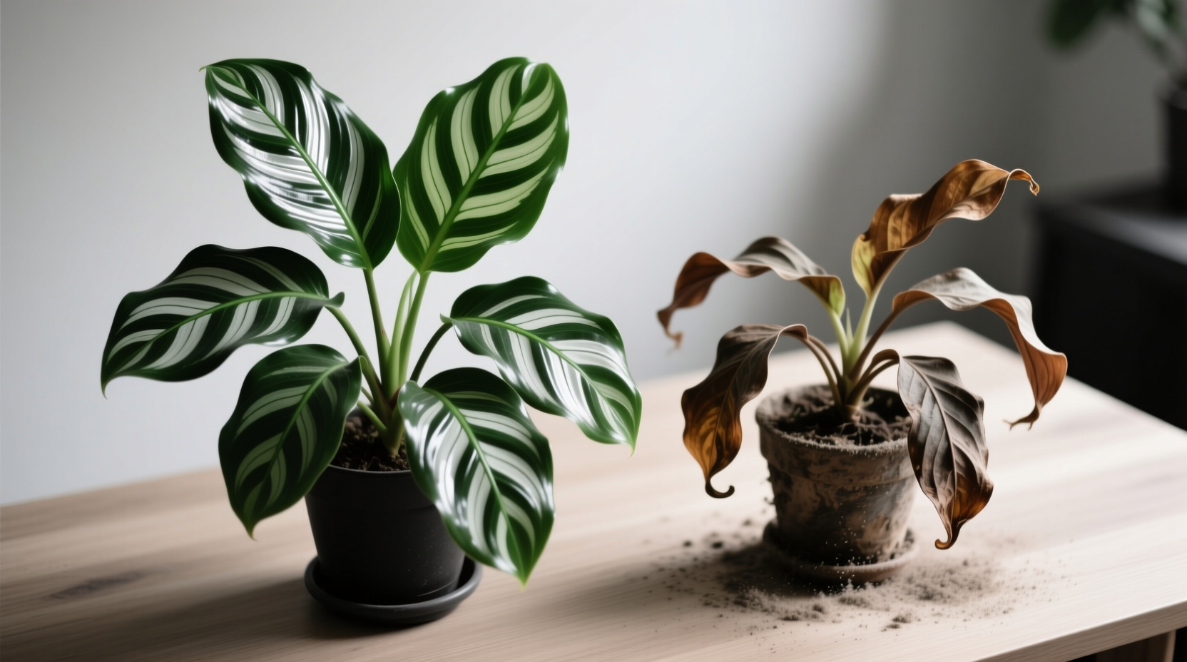 Healthy Calathea orbifolia showing vibrant silver stripes versus stressed plant with brown leaf tips in dry environment
