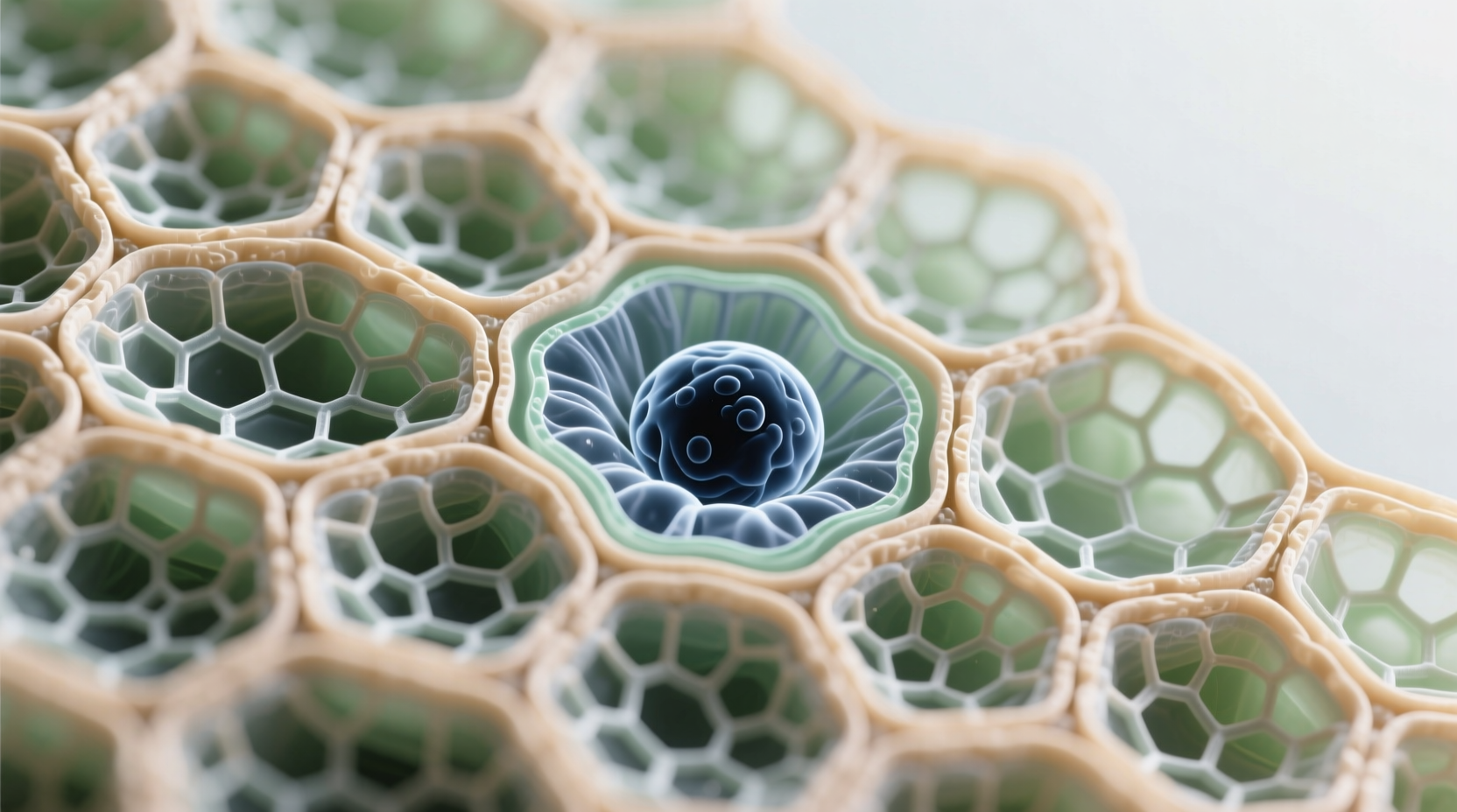 Microscopic view of onion plant cells showing cell walls and nucleus