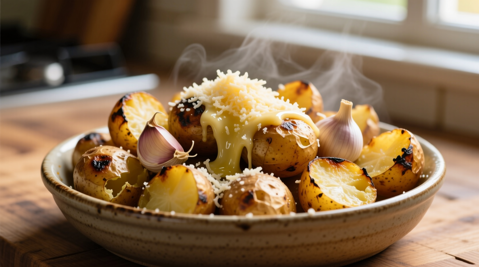 Golden roasted potatoes with garlic cloves and parmesan shavings
