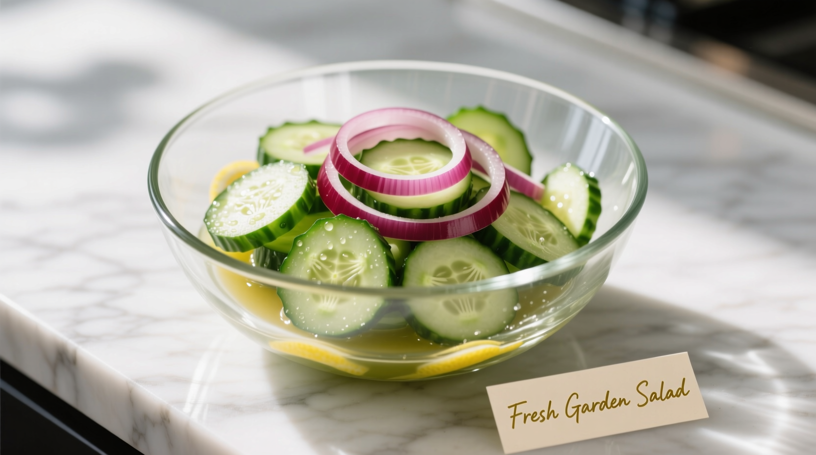 Crisp cucumber and red onion salad in glass bowl