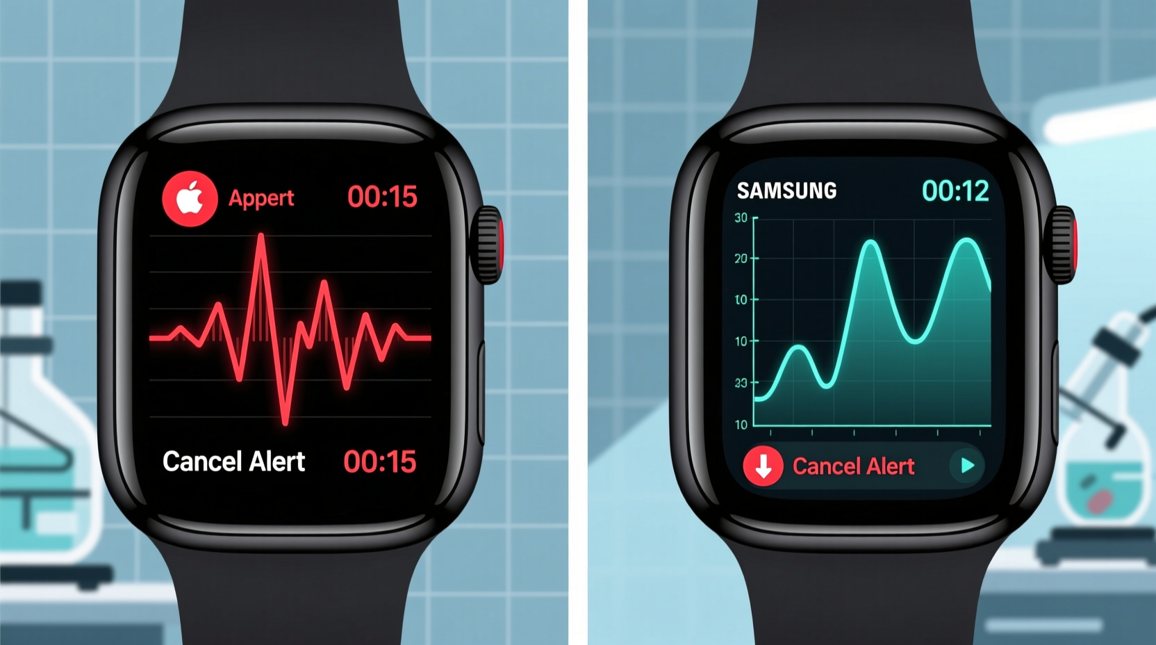Side-by-side illustration showing Apple Watch analyzing car crash audio waveforms versus Samsung Watch interpreting vertical acceleration spikes during a seated fall—both devices displaying 'Cancel Alert' prompts with visible countdown timers