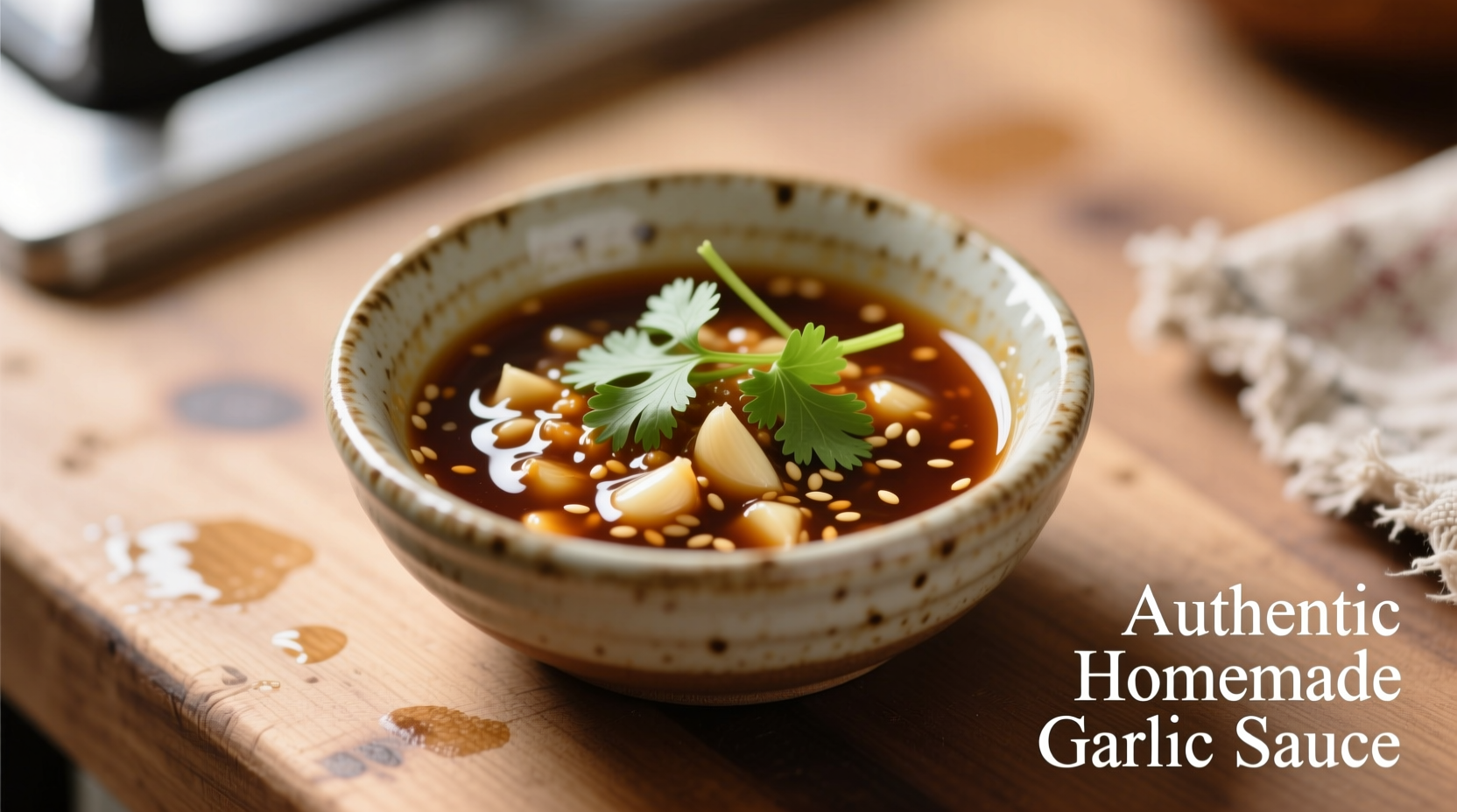 Homemade Chinese garlic sauce in small ceramic bowl