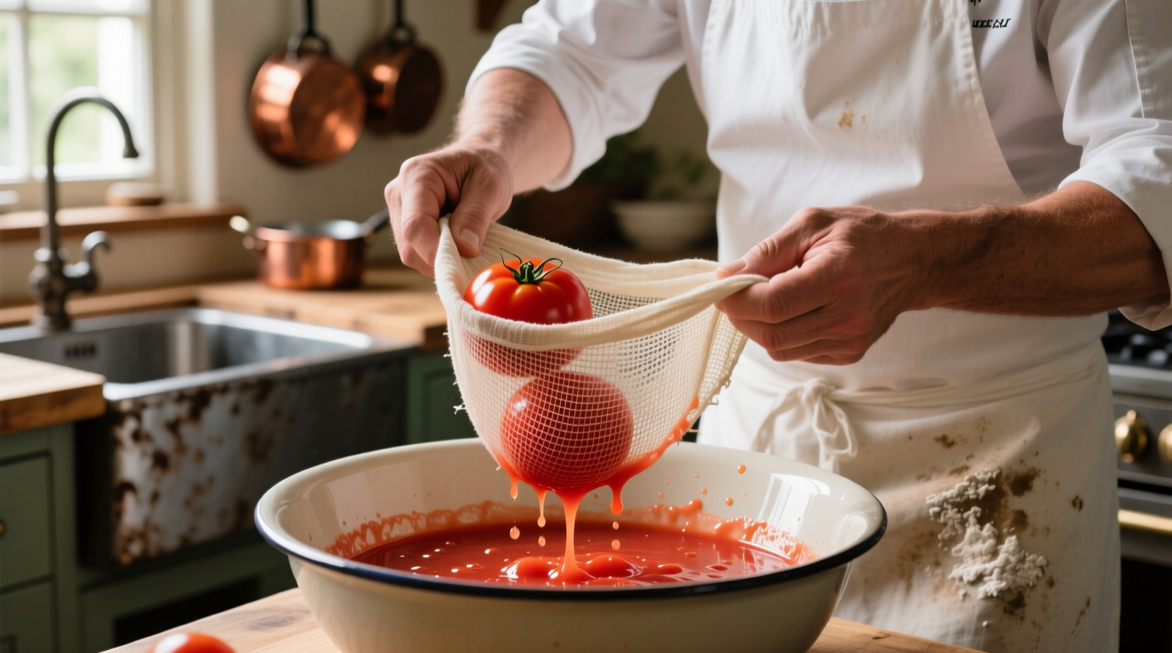 Chef straining fresh tomato juice through cheesecloth