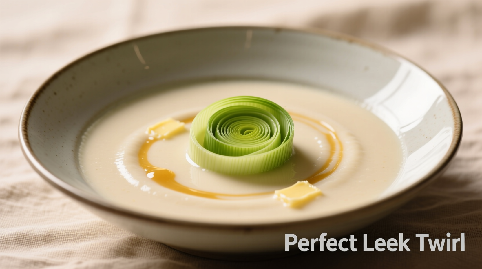 Perfect leek twirl garnish on cream soup