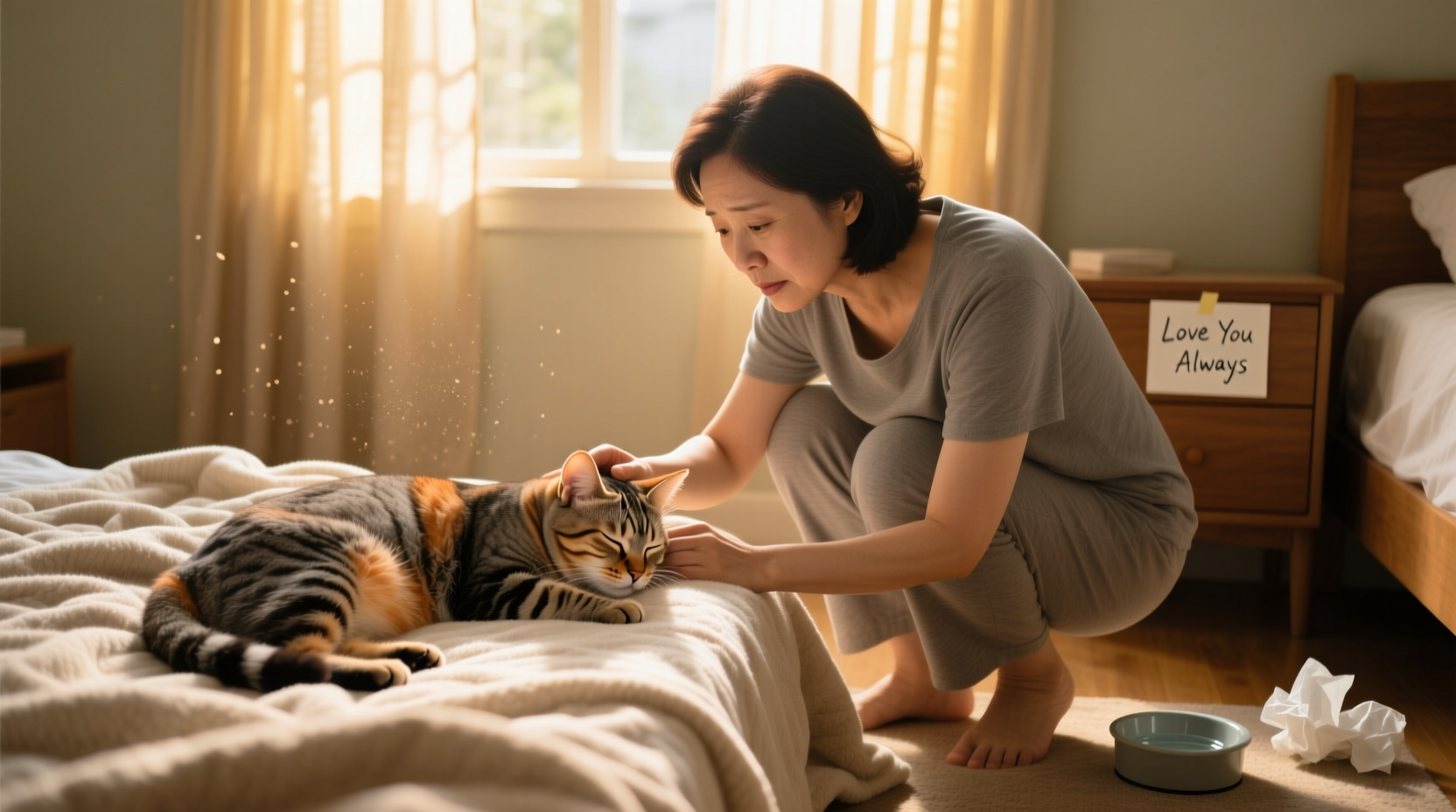 Cat owner checking on sick tabby cat