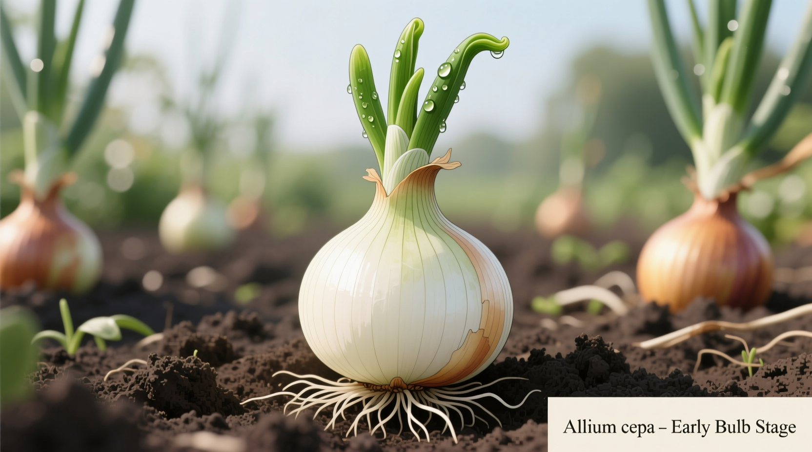 Healthy onion starts showing firm bulbs and green shoots