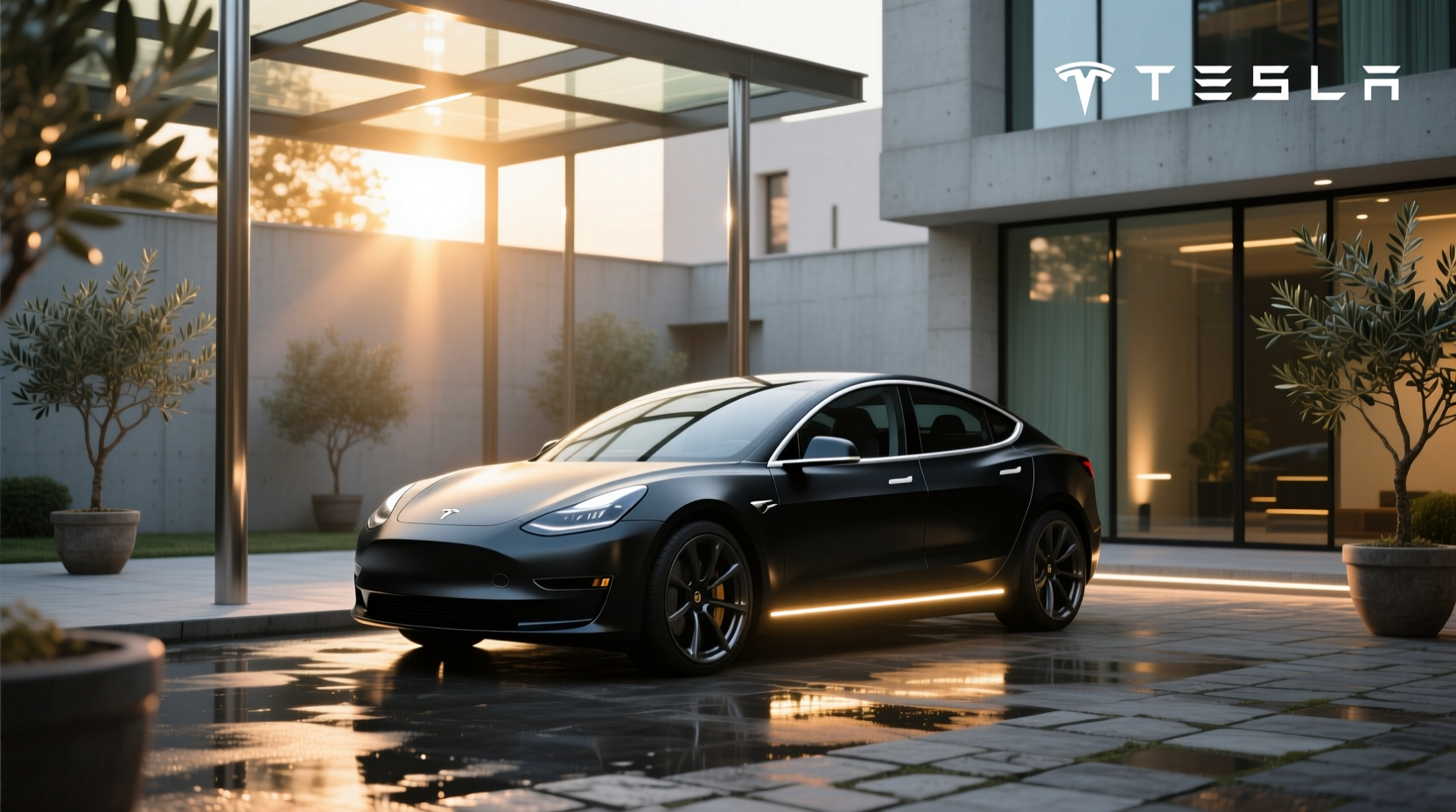 Tesla Model 3 ambient lighting glowing in blue inside cabin at night