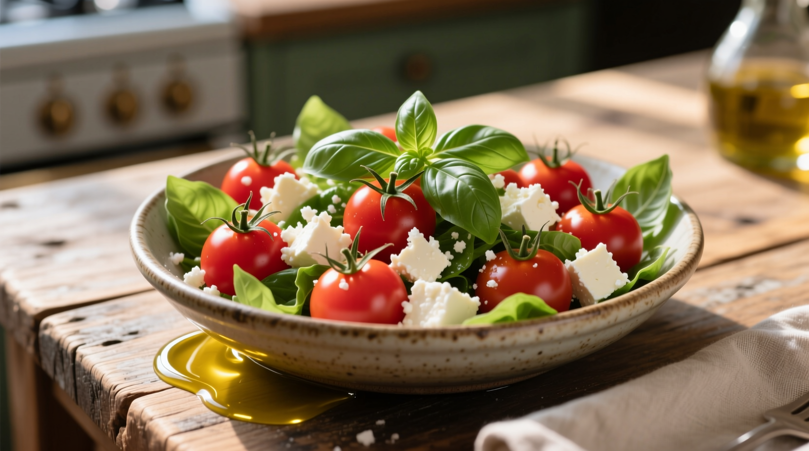 Fresh cherry tomato salad with basil and feta cheese