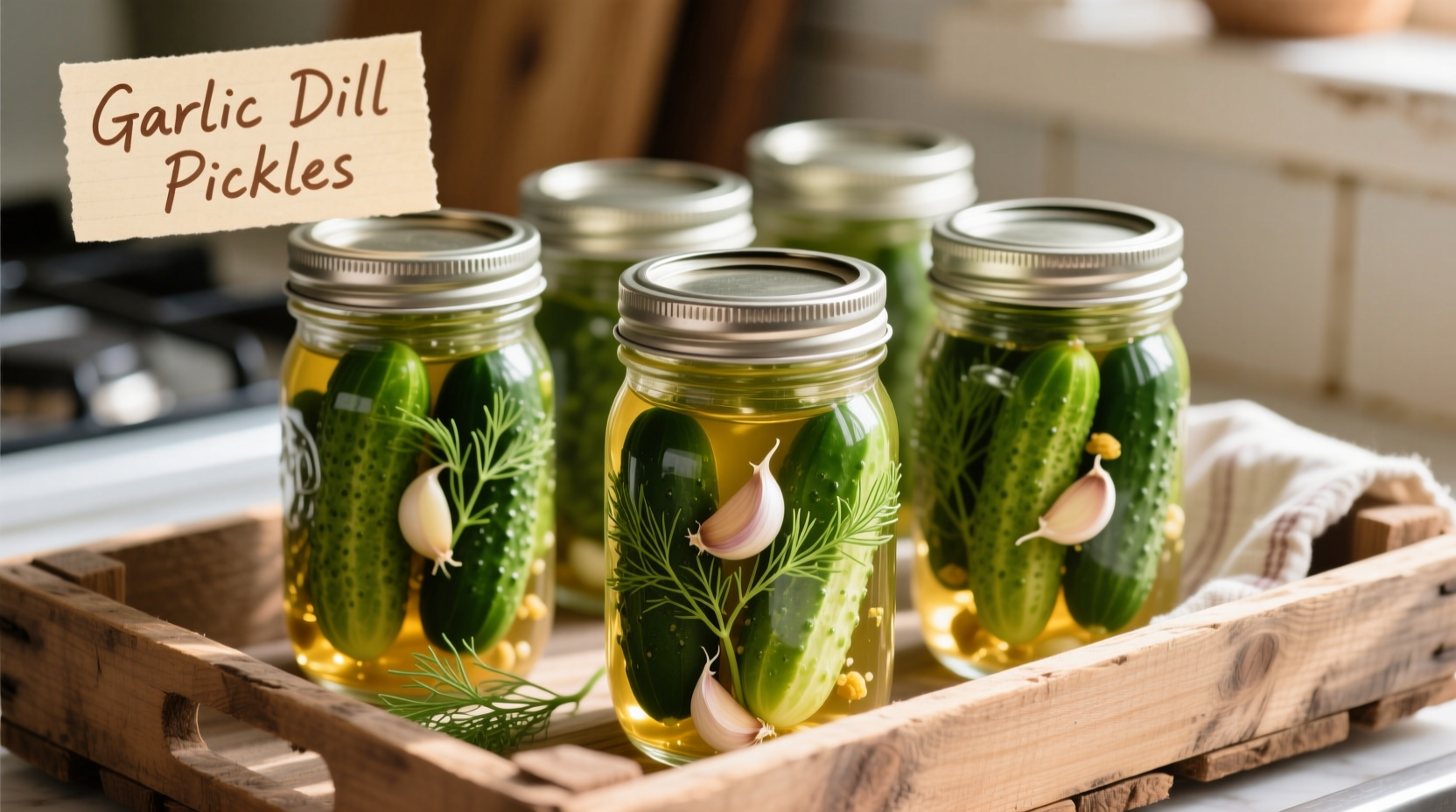 Fresh garlic dill pickles in mason jars
