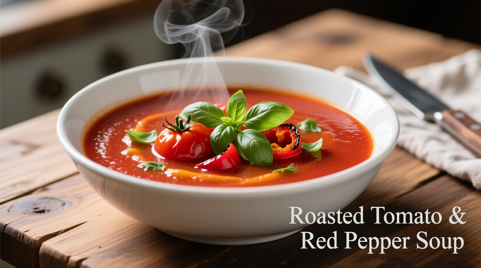 Roasted tomato and red pepper soup in white bowl with basil garnish