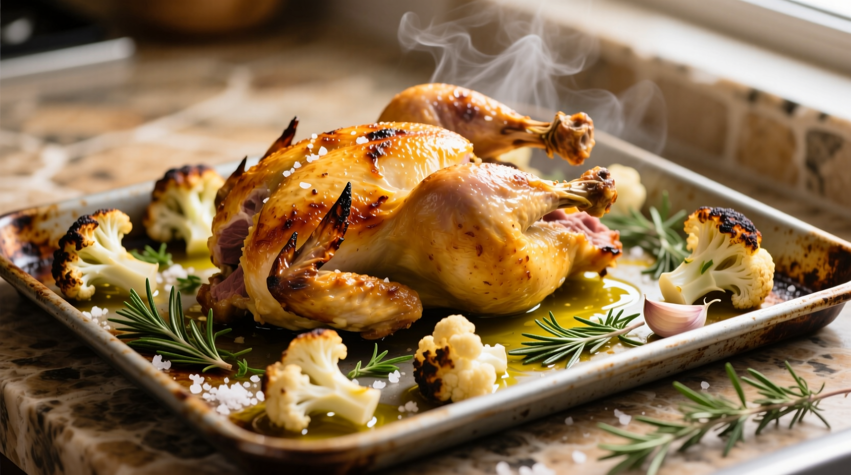 Golden roasted chicken and cauliflower on baking sheet