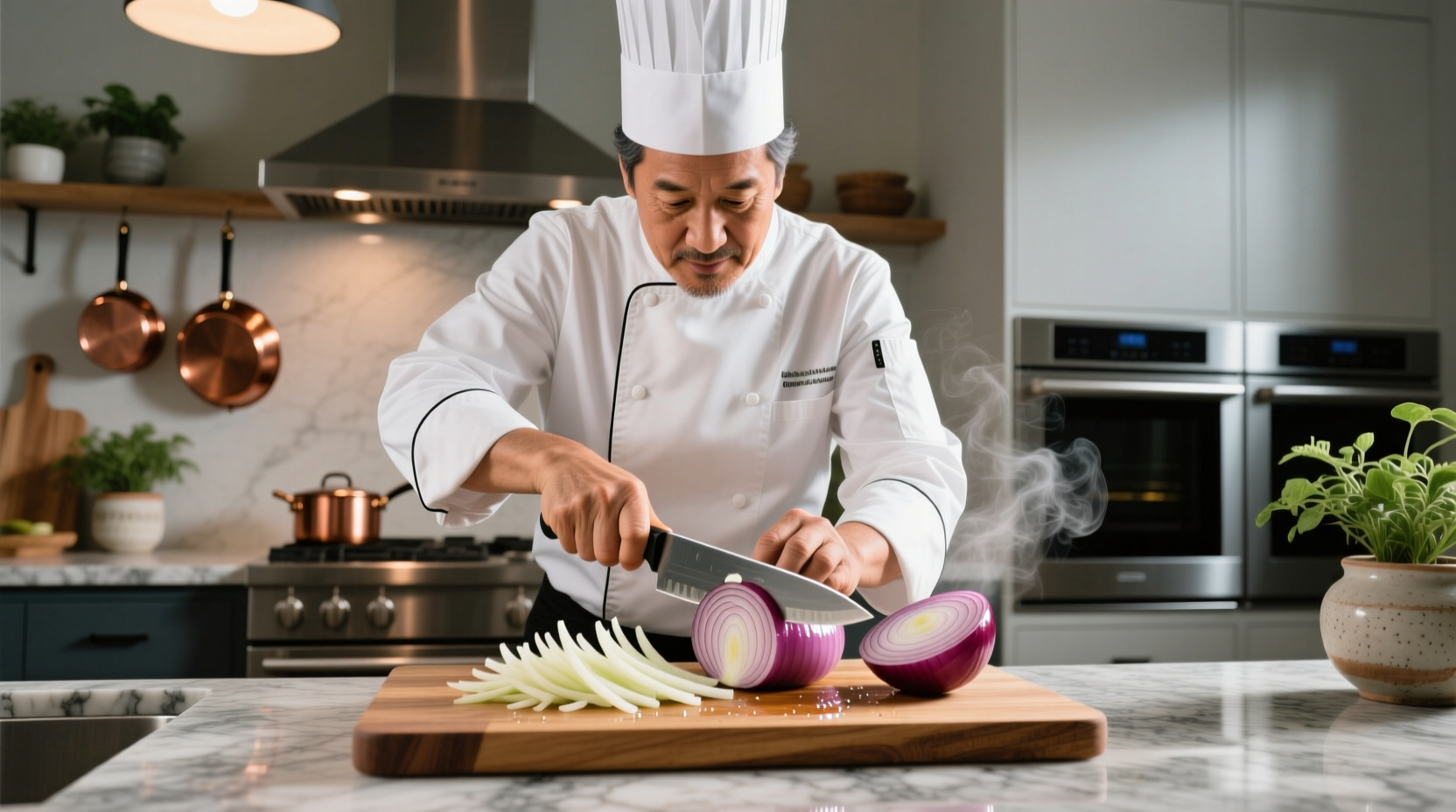 Professional chef demonstrating fine onion chopping technique