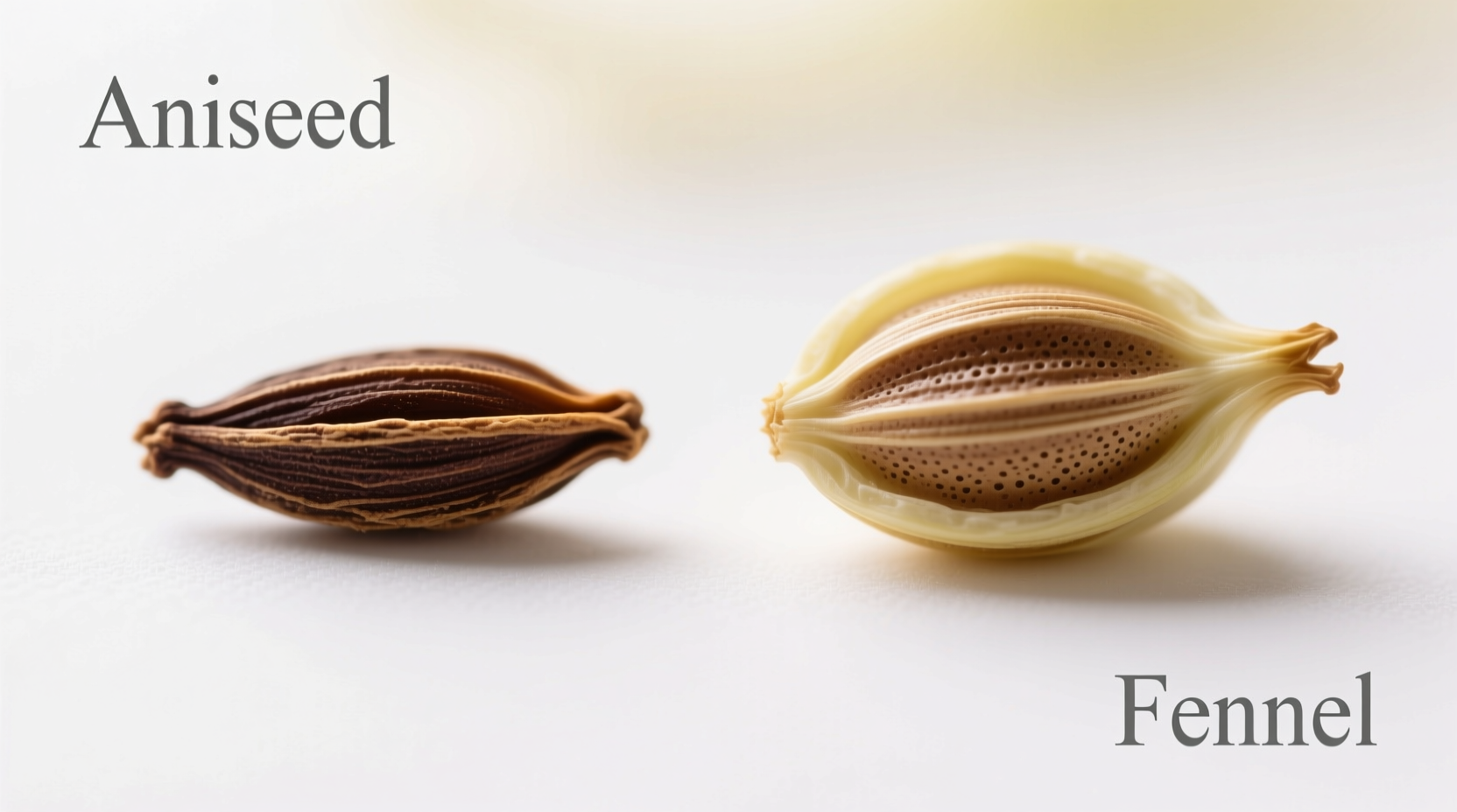 Close-up comparison of aniseed and fennel seeds