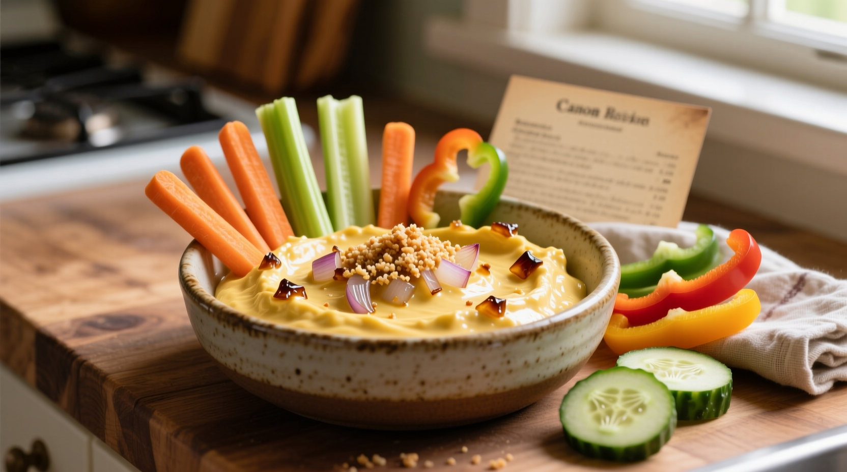 Homemade French onion dip in bowl with vegetable dippers