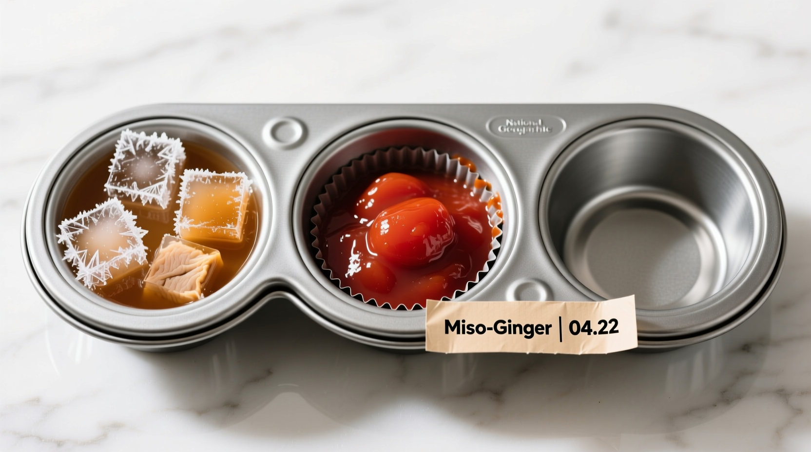 Overhead photo of three stainless steel muffin tins: one filled with amber chicken broth cubes mid-freeze, one with dark red tomato sauce portions freshly popped out, and one empty but labeled with masking tape reading 'Miso-Ginger | 04.22'