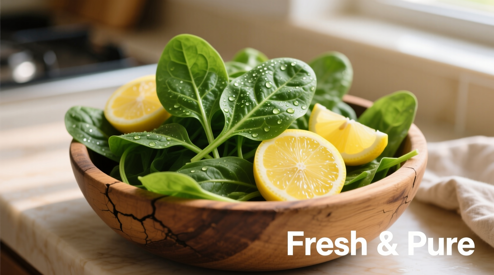 Fresh raw spinach leaves in a wooden bowl with lemon slices