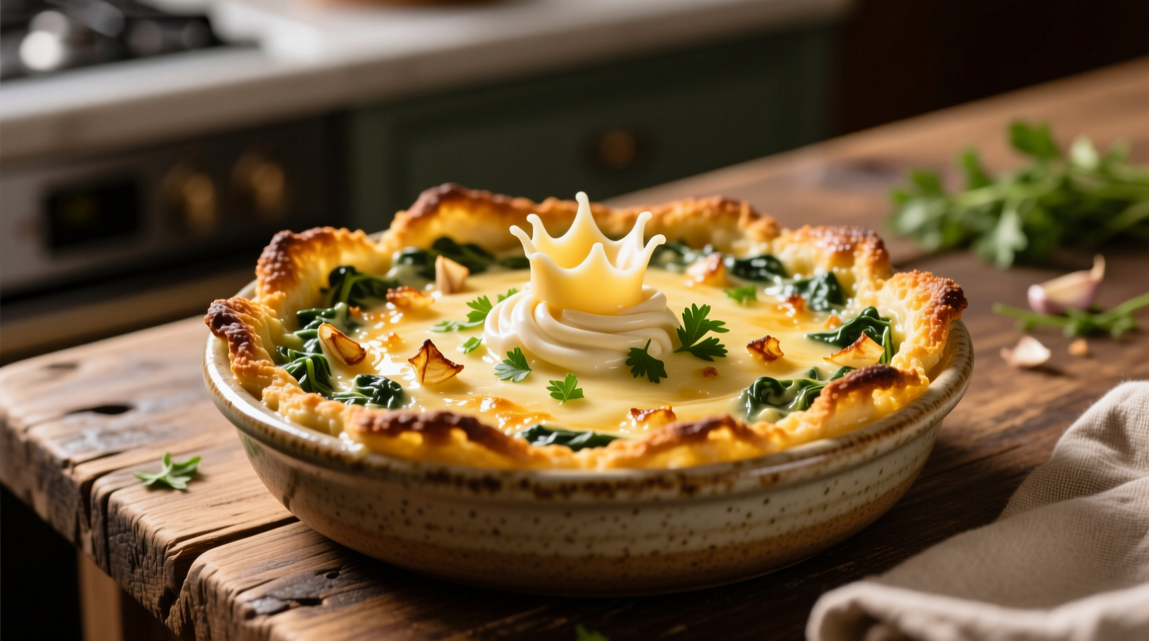 Golden baked crab spinach artichoke dip with toasted edges