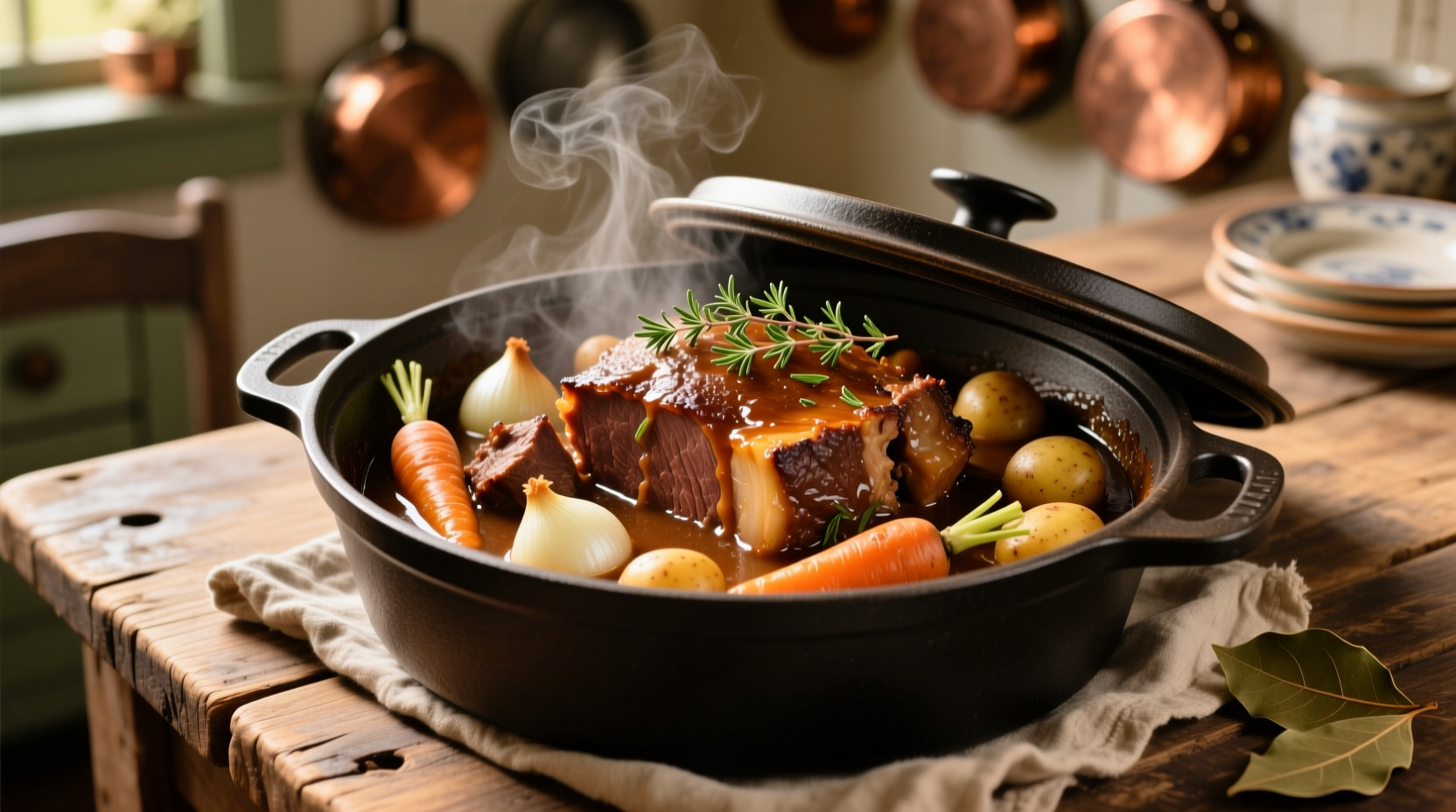 Perfectly cooked pot roast with vegetables in cast iron pot