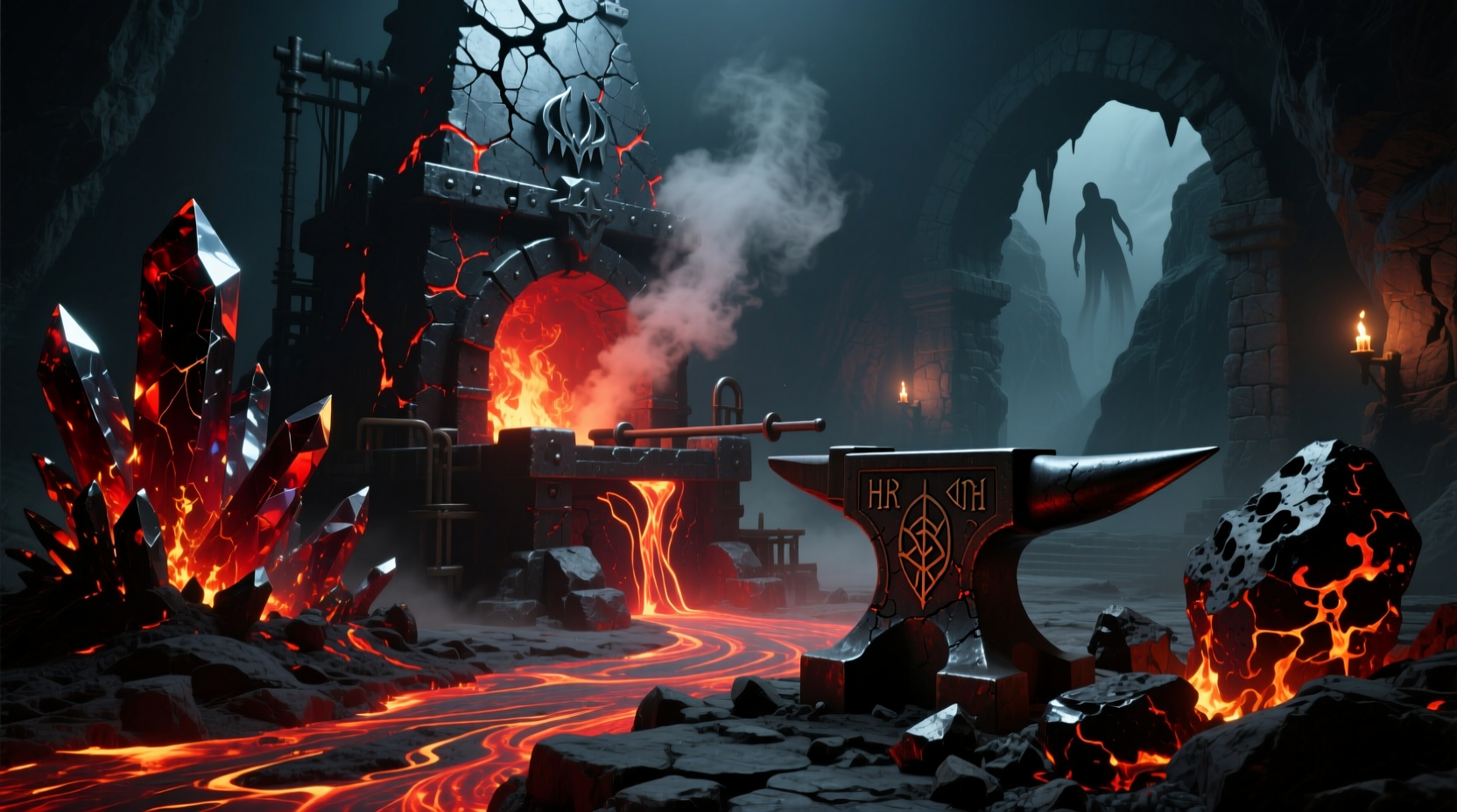 Hellforge crafting station with Obsidian and Hellstone nearby