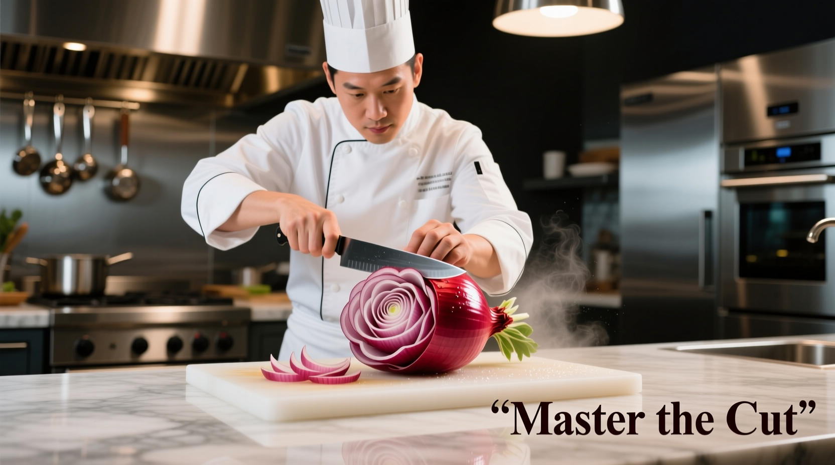 Professional chef demonstrating flower onion cutting technique