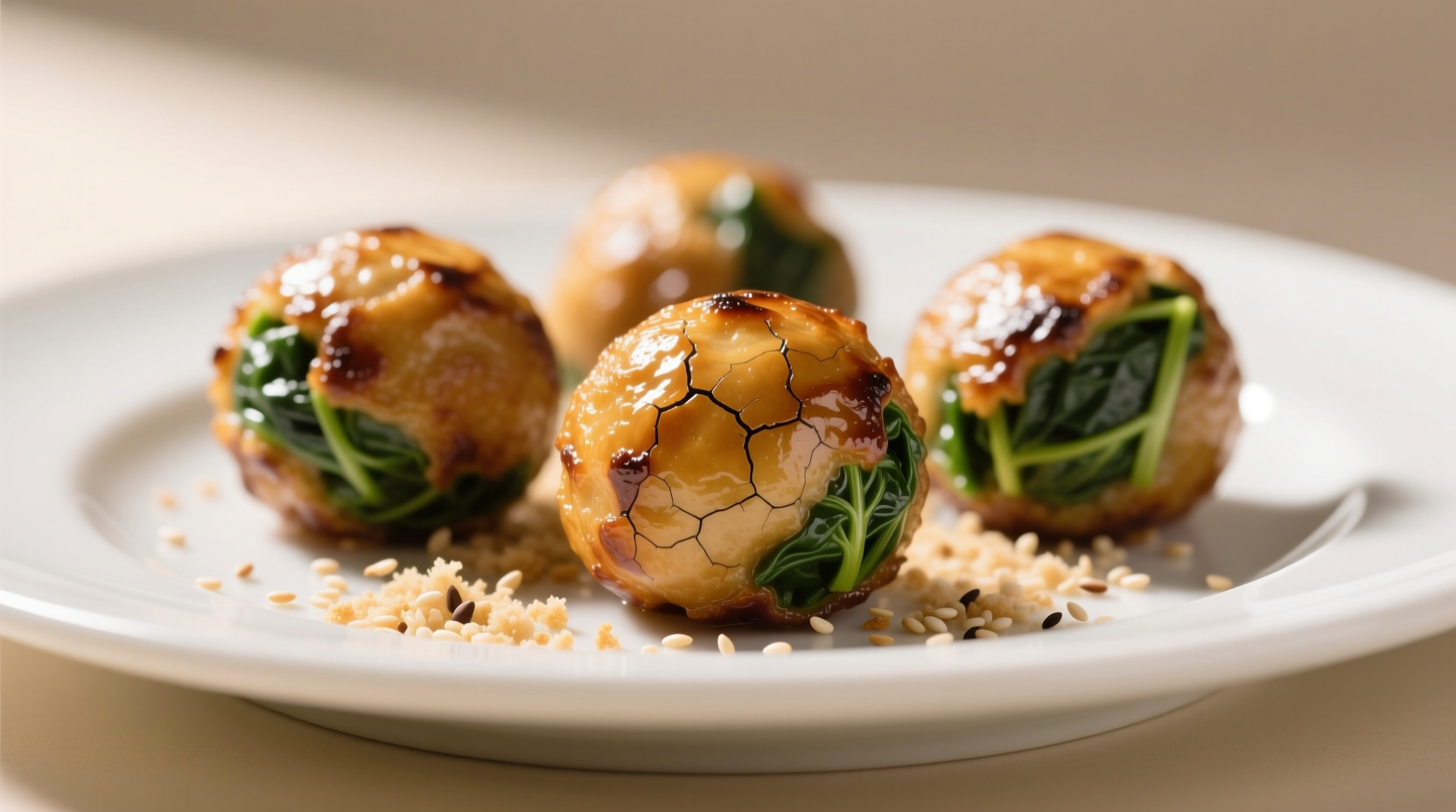 Perfect golden brown spinach balls on white plate